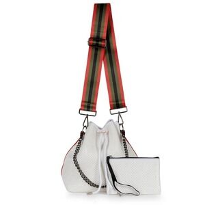 NEW Haute Shore White Neoprene Bucket Bag Drawstring Chain Clutch Red Crossbody